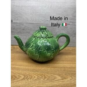 Italian Green Oak Leaf Vietri Foglia Ceramic Teapot Hand Painted Acorn Majolica